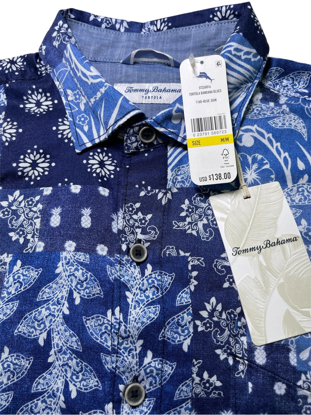 Tommy Bahama Tortola ST326816 Bandana Blue Jean Patchwork Floral Shirt M $138